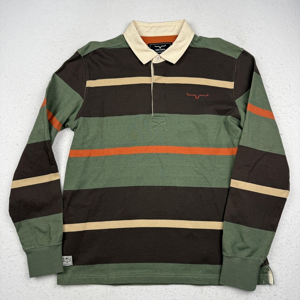 Kimes Ranch Polo Shirt Mens Medium Green Brown Stripe Long Sleeve Western Rugby